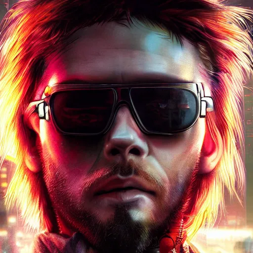 Image similar to cyberpunk, closeup portrait of a shaggy cyberpunk hacker, eye bags, dramatic light, city background, sunset, dystopian setting, high contrast, sharp, neuromancer, henry dorsett case, painted by stanley lau, painted by greg rutkowski, painted by stanley artgerm, digital art, trending on artstation