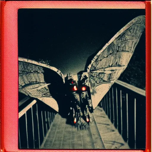 Image similar to Real Polaroid photo of Mothman perched on a bridge, red glowing eyes