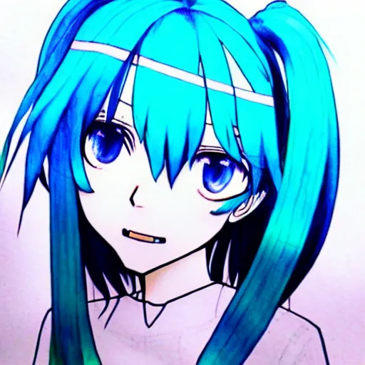 Image similar to hatsune miku v 3, blue pen art on paper