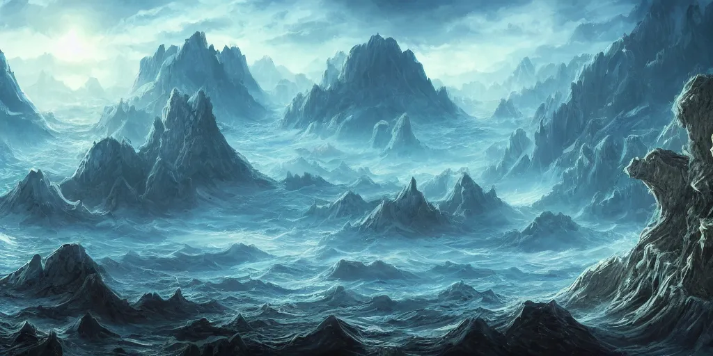 Image similar to The eldritch underwater landscape with mountains in the background, Sci-Fi fantasy desktop wallpaper, painted, 4k, high detail, sharp focus