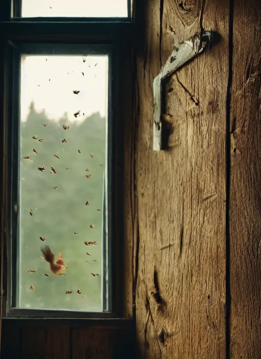 Image similar to a film production still, 2 8 mm, wide shot of a rooster, cabin interior, wooden furniture, cobwebs, spiderwebs, window light illuminates dust in the air, abandoned, depth of field, cinematic