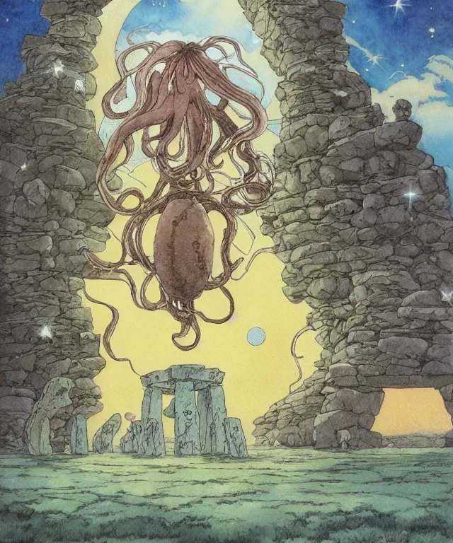 Image similar to a hyperrealist studio ghibli watercolor fantasy concept art. in the foreground is a giant long haired grey squid sitting in lotus position on top of stonehenge with shooting stars all over the sky in the background. by rebecca guay, michael kaluta, charles vess