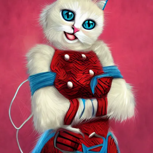 Image similar to graphic, hyperreal, portraiture illustration of a anthropomorphic beautiful ragdoll cat in different marvel cosplay clothes, smiling, digital painting