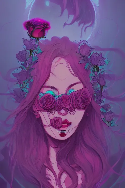 Prompt: 👁🌹👾, heartbroken, dreary, artstation, moebius + loish, hd,