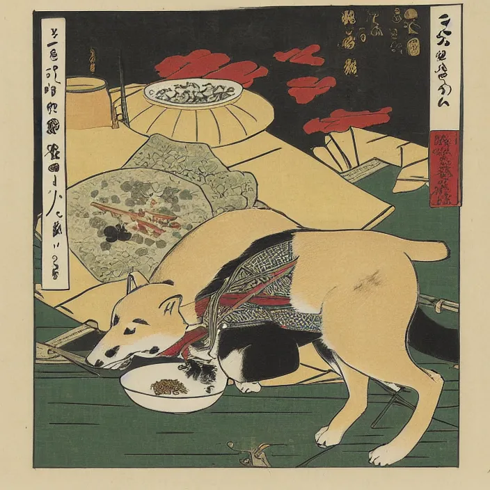 Image similar to a shiba inu samurai eating a bowl of rice, artwork on loan from the historical dog society of japan, by Utagawa Kuniyoshi