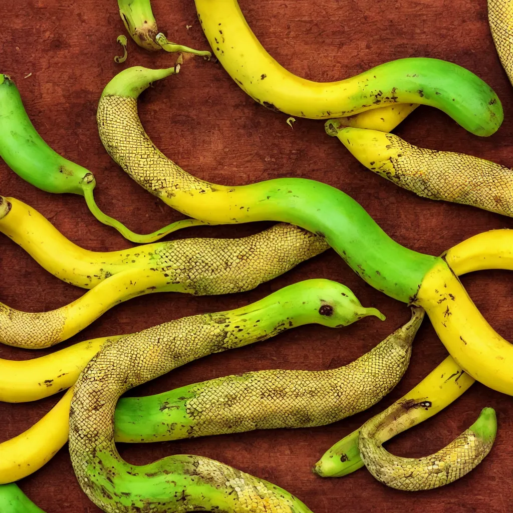 Image similar to snake banana in the shape of colorful corncob, closeup, hyper real, food photography, high quality