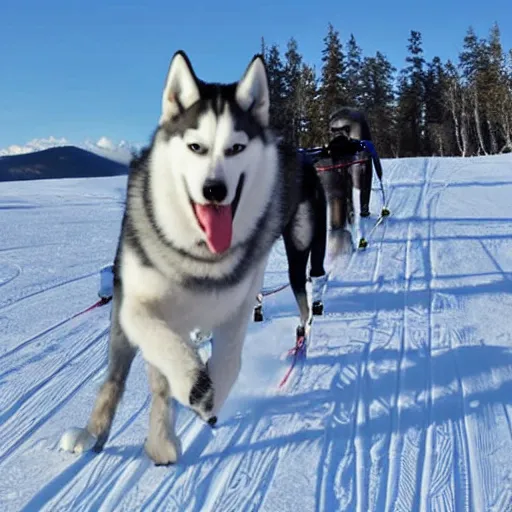 Prompt: a very tall husky skiing