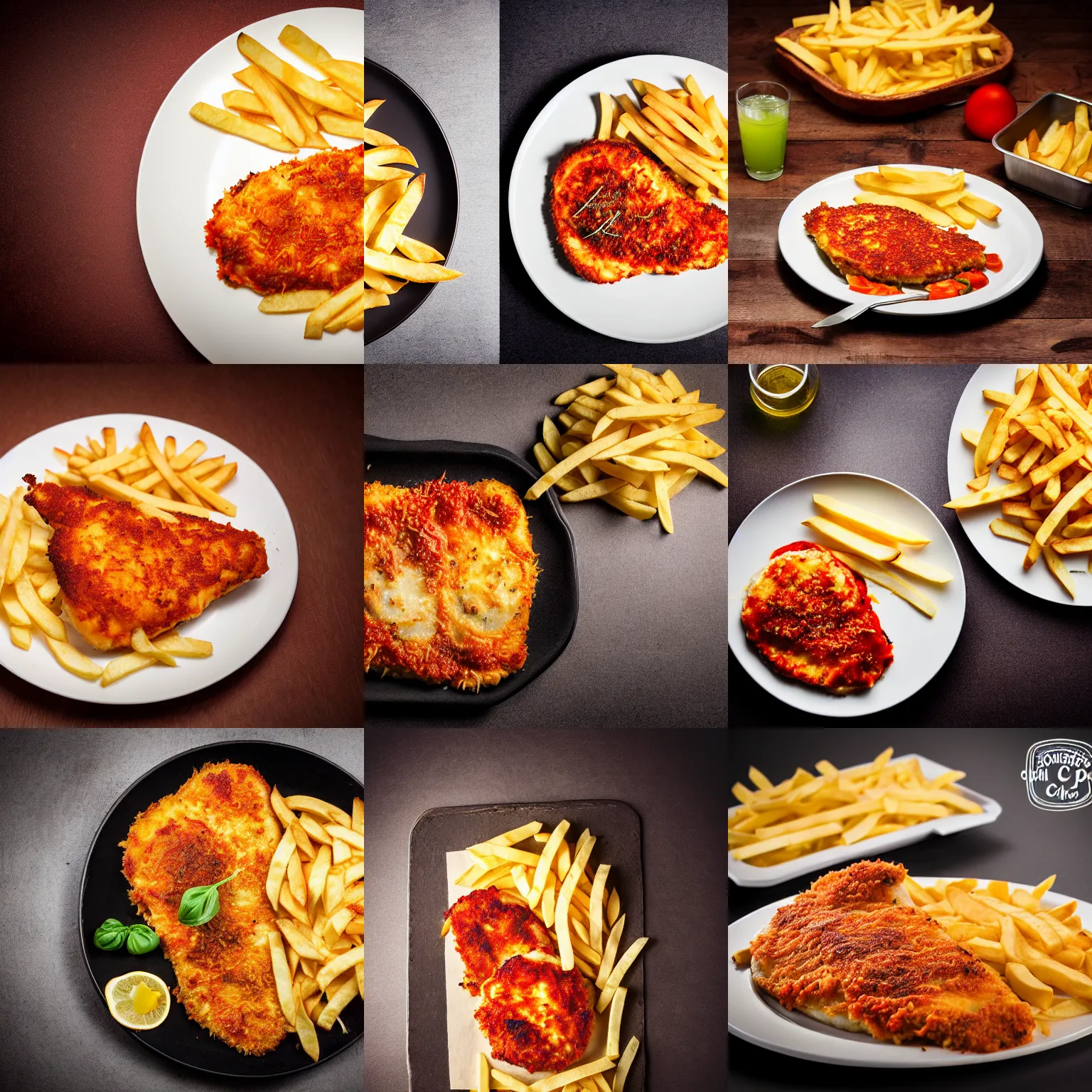 Prompt: food photography of large chicken parmigiana and chips, professional, rustic, highly detailed, high resolution, studio lighting, sharp focus, flickr, award winning, dslr