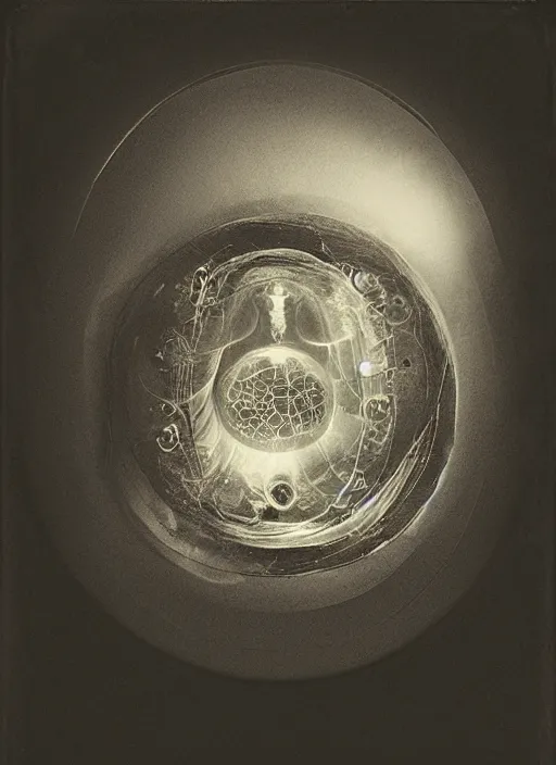 Image similar to old wetplate daguerreotype birth of artificial futuristic embryo cyborg life shot in the reflection of window, fractal, intricate, elegant, highly detailed, parallax, leica, medium format, subsurface scattering, by jheronimus bosch and greg rutkowski and louis jacques mande daguerre