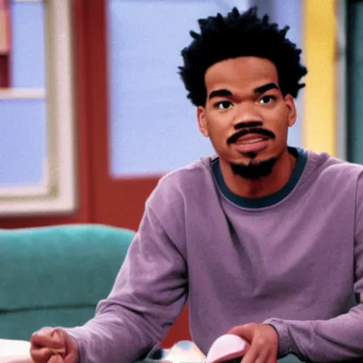 Image similar to a tv still of Chance The Rapper starring as a black college student at Jones College Prep in a 1993 sitcom