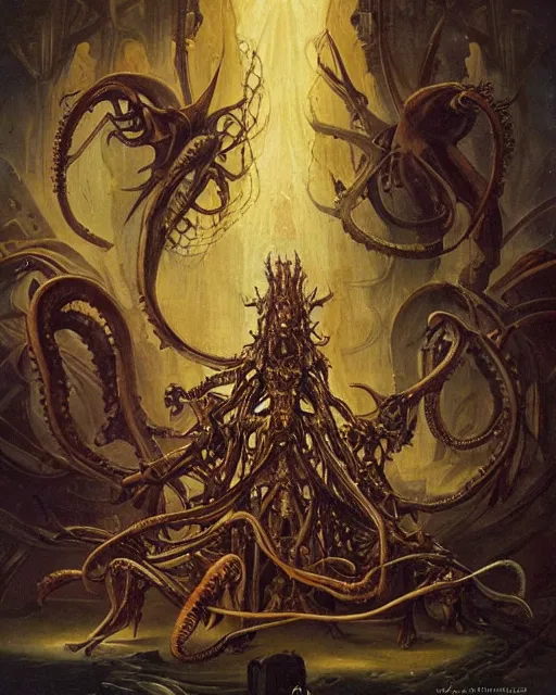 Image similar to elegant renaissance painting of biomechanical warhammer final boss creature vecna, art by bruce pennington and peter mohrbacher, epic bibical depiction, flesh and bones, teths and tentacles, corpses and shadows