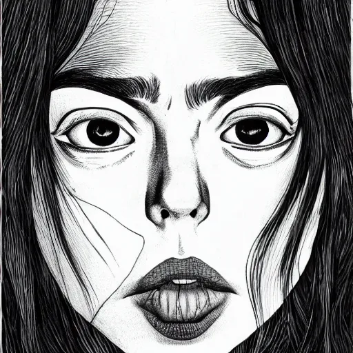 Prompt: Portrait of Billie Eilish by Junji Ito, highly detailed, sharp focus, illustration