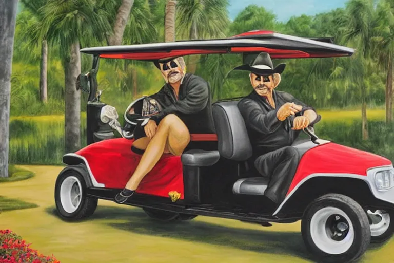 Image similar to black velvet painting of burt reynolds from smokey and the bandit driving a golf cart