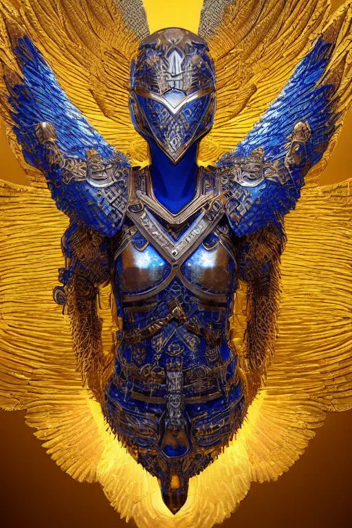 Image similar to realistic detailed photo of angelic valkyrie, soaring through the sky, blue eyes, woven armour with bird sigil, intricate complexity, Behance, golden ratio, fibanci background, vray, rich deep colors