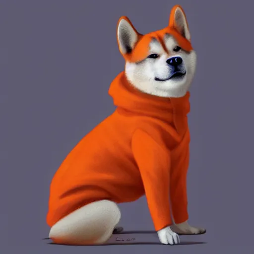 Prompt: a aesthetic award winning commission of a antrho shiba inu wearing an orange hoodie,art by greg rutkowski,character design by charles bowater,ross tran,hyperdetailed,photorealistoc,detailed face,4k,cute,artstation,deviantart