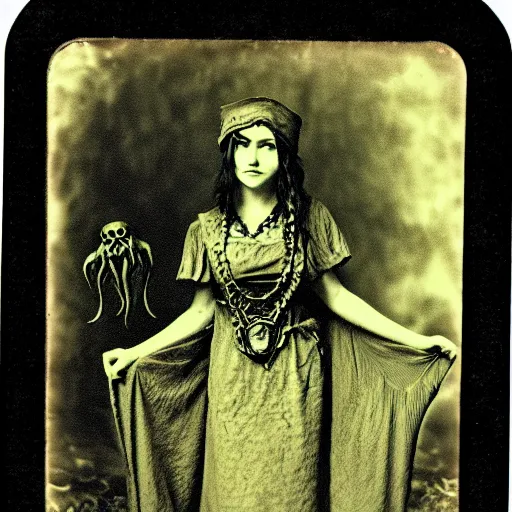 Prompt: daugerreotype of cthulhu priestess