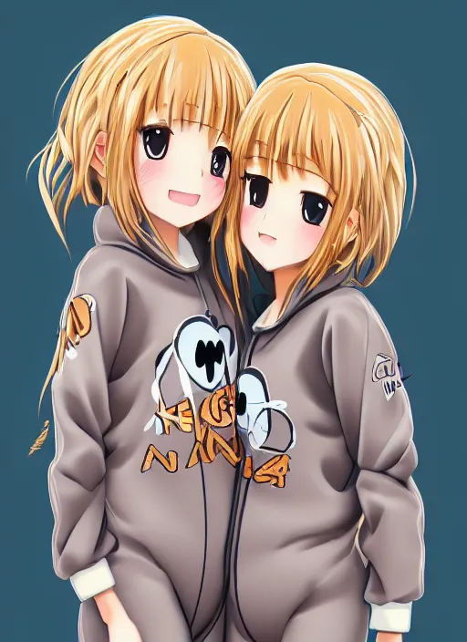 Image similar to highly detailed portrait of one blonde and one brown haired anime girl in onesies hugging each other looking at us, detailed eyes, happy, excited, digital art, cute, anime, detailed faces, well drawn faces, cute faces, hand drawn, 8 k, trending on artstation, official media