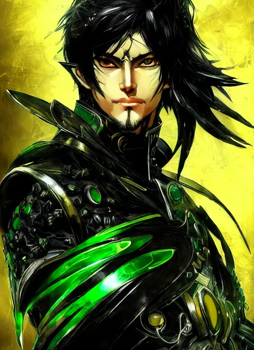 Image similar to Half body portrait of a handsome black haired elven warlord in black, green and gold jacket. In style of Yoji Shinkawa and Hyung-tae Kim, trending on ArtStation, dark fantasy, great composition, concept art, highly detailed.