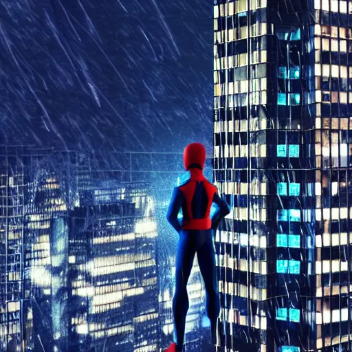 Prompt: black tech suit spider - man blue eyes hanging in tall tower at night rain ultra realistic octane render blender high quality 8 k photo realistic highly detailed