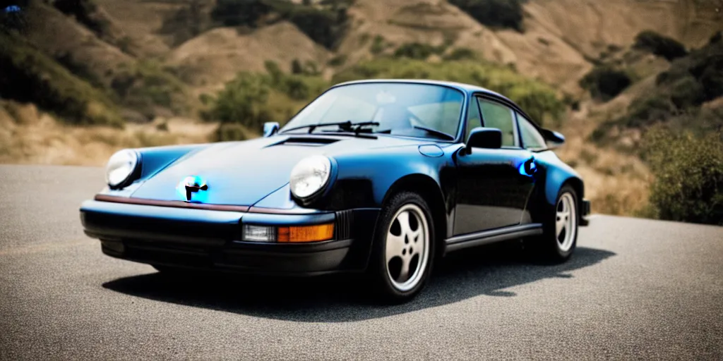 Image similar to photograph, debadged, 1989 PORSCHE 911, RSR, by Pete Biro, Michael Simari, press release, cinematic, malibu canyon, 8k, depth of field, bokeh. debadged ,