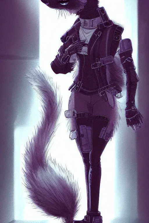 Image similar to a detailed illustration of a cyberpunk anthropomorphic fox with a fluffy tail!!!, manga art, trending on furaffinity, cartoon, kawaii, backlighting