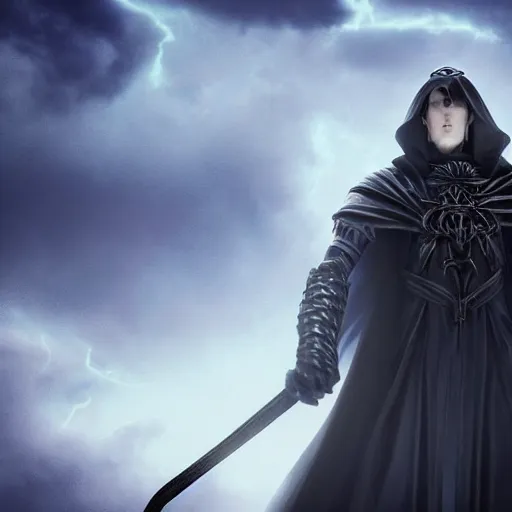 Prompt: A powerful handsome broad shouldered necromancer in black robes with blue eyes holding an exquisite sword standing at a distance. He gazes by the stormy sea and oozes extreme power and magic. Whole scene is powerful and magical and stunning to watch. Aesthetic!!!!!!, Unreal engine, 8k, trending on artstation, sharp focus, highly detailed, concept art, ultra HD, intricate, elegant, bright colors oil on canvas, by Ilya Repin