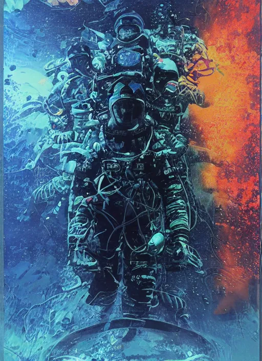 Image similar to astronauts divers in dark void underwater - complex and hyperdetailed technical suit design. reflection and dispersion materials. rays and dispersion of light. volumetric light. f / 3 2. noise film photo. flash photography. ultra realistic, 5 0 mm. poster by wayne barlowe, hajime sorayama aaron horkey, craig mullins