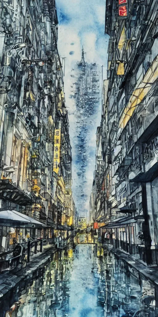 Image similar to hyper realistic manga city water color