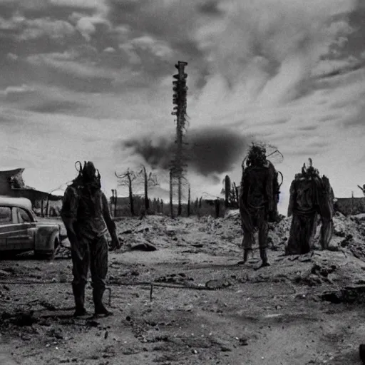 Image similar to portrait of irradiated post apocalyptic nuclear wasteland undead 1950s black and white award winning photo highly detailed Arriflex 35 II, lighting by stanley kubrick