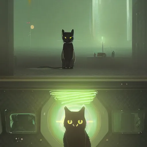 Image similar to a small black cat with big green eyes, peaceful, science fiction, award-winning, cinematic lighting, insanely detailed, very realistic, Artstation, Cgsociety, by Simon Stalenhag, directed by Denis Villeneuve, filmic
