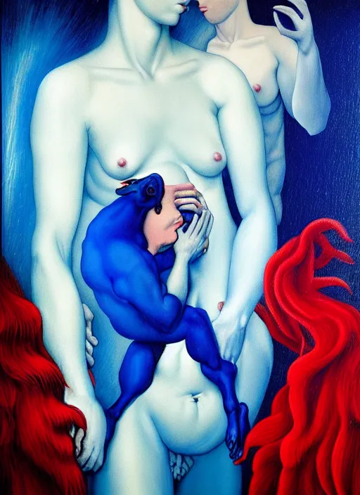 Image similar to only with blue, ney motogrosso in love with a red stallion, too many hands in all directions, in hoc signo vinces, waterfall, in the style of leonora carrington, gottfried helnwein, raqib shaw, chiaroscuro intricate composition, blue light by caravaggio, insanely quality, highly detailed, masterpiece, red light, artstation