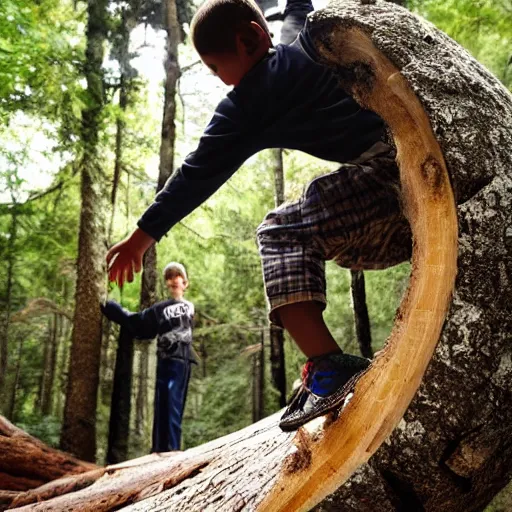 Prompt: a 1 0 year old boy is climbing a hollow log. the boy has large ears sticking straight out. standing in the foreground is an obese italian man clapping his hands furiously.
