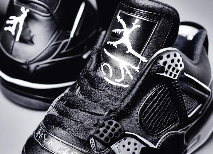 Image similar to product still of Black Panther signature Jordan 4s, black with silver panther teeth accents, 85mm f1.8