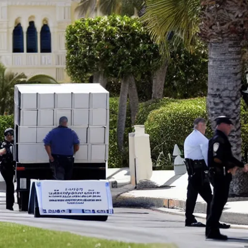 Image similar to mar-a-lago, FBI agents carrying boxes of evidence, police tape, high detail