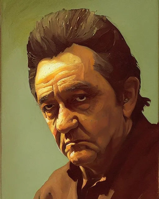Image similar to painterly portrait, Johnny Cash, impasto, fantasy, chuck close:7, carl spitzweg:7, cinematic light, full face, symmetrical face