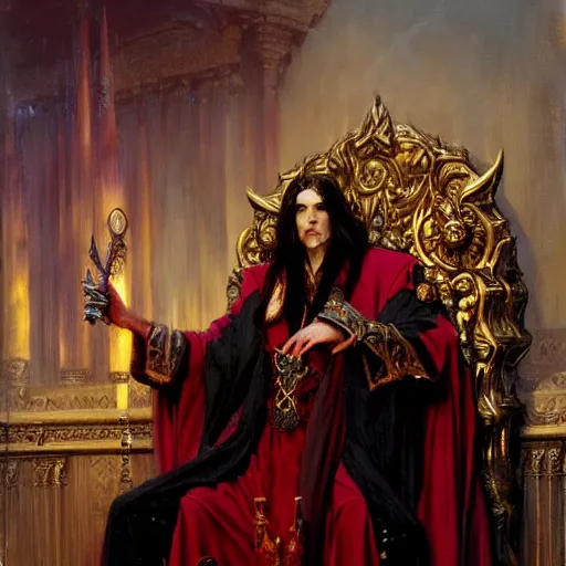 Image similar to perfectly centered portrait of attractive vampire king in a robe sitting on a throne of bones, highly detailed painting by gaston bussiere, craig mullins, j. c. leyendecker, 8 k