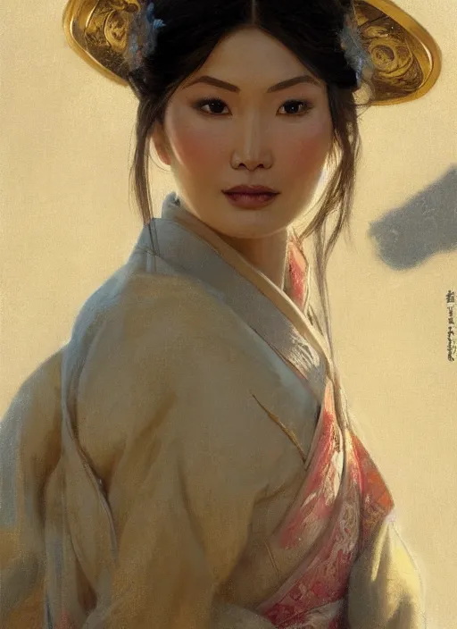 Image similar to detailed portrait of gemma chan wearing hanfu, natural light, painting by gaston bussiere, craig mullins, j. c. leyendecker