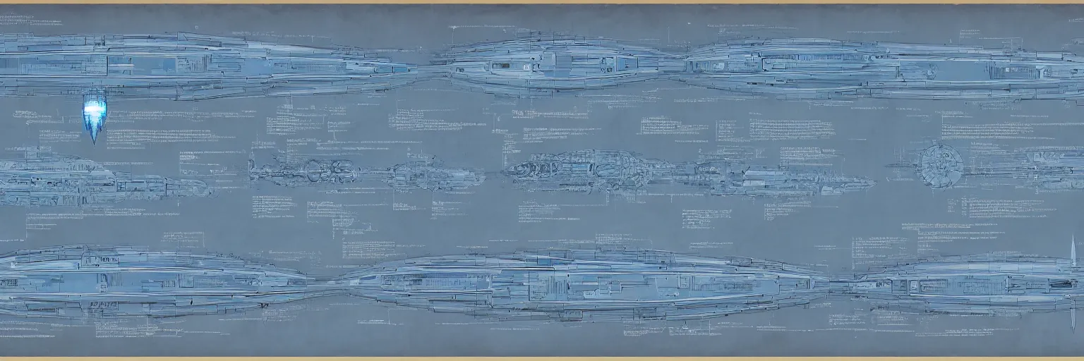 Image similar to blueprint for a sentient starship, technical drawing with annotations and notes in the margins, algorithms and physics equations, concept design by peter mohrbacher and craig mullins and hiroshi yoshida and james jean and frank frazetta and michael whelan and andreas rocha