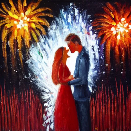 Prompt: an oil painting of couple kissing, in a background fireworks in new york