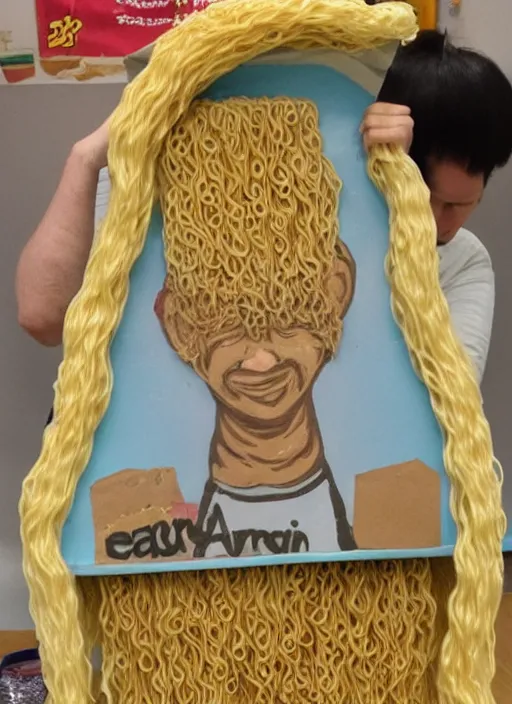 Prompt: teacher with hair made out of ramen,