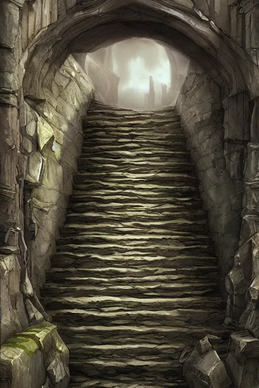 Image similar to stone steps fantasy leading do a dark portal, artstation by emilia dziubak, will terry, greg olsen, chris mars, ann long, and mark brooks, gret ritkowski dramatic, architecture, colorful clear sharp focus