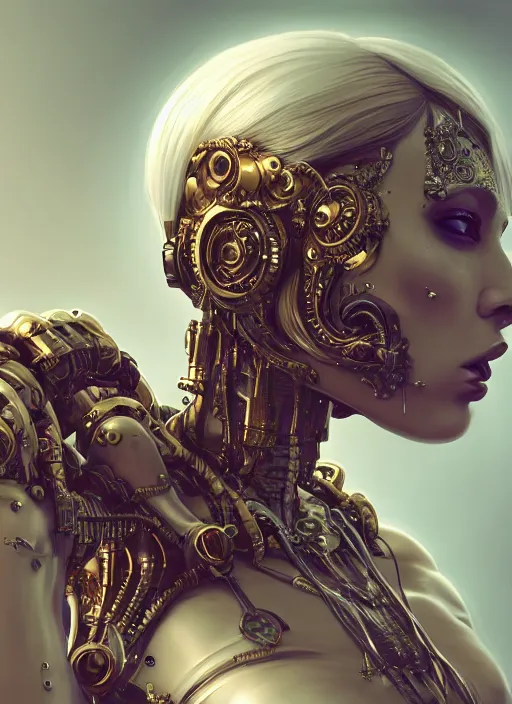 Image similar to soft lustrous hard tech ivory biotech raver gutter punk cyborg bioweapon, golden ratio, details, sci - fi, dark fantasy, cyberpunk, intricate, decadent, ornate, highly detailed, digital painting, octane render, 8 k, artstation, concept art, smooth, sharp focus, illustration, art by artgerm, loish, wlop