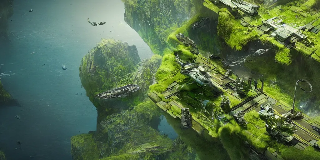 Image similar to futuristic science - fiction landscape seen from above, summer, green, bay, water, flora and fauna, artificial life, concept art, detailed, dylan cole, james gurney, greg rutkowski, artstation, cgi, octane render, 3 d, unreal engine