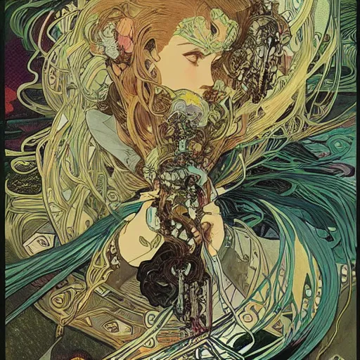 Image similar to rain wind torrential downpour euclid monster of the elements by alphonse mucha yoji shinkawa victo ngai 8 0 s cartoon heavy metal hyperdetailed intricate beautiful interwoven fibers of death