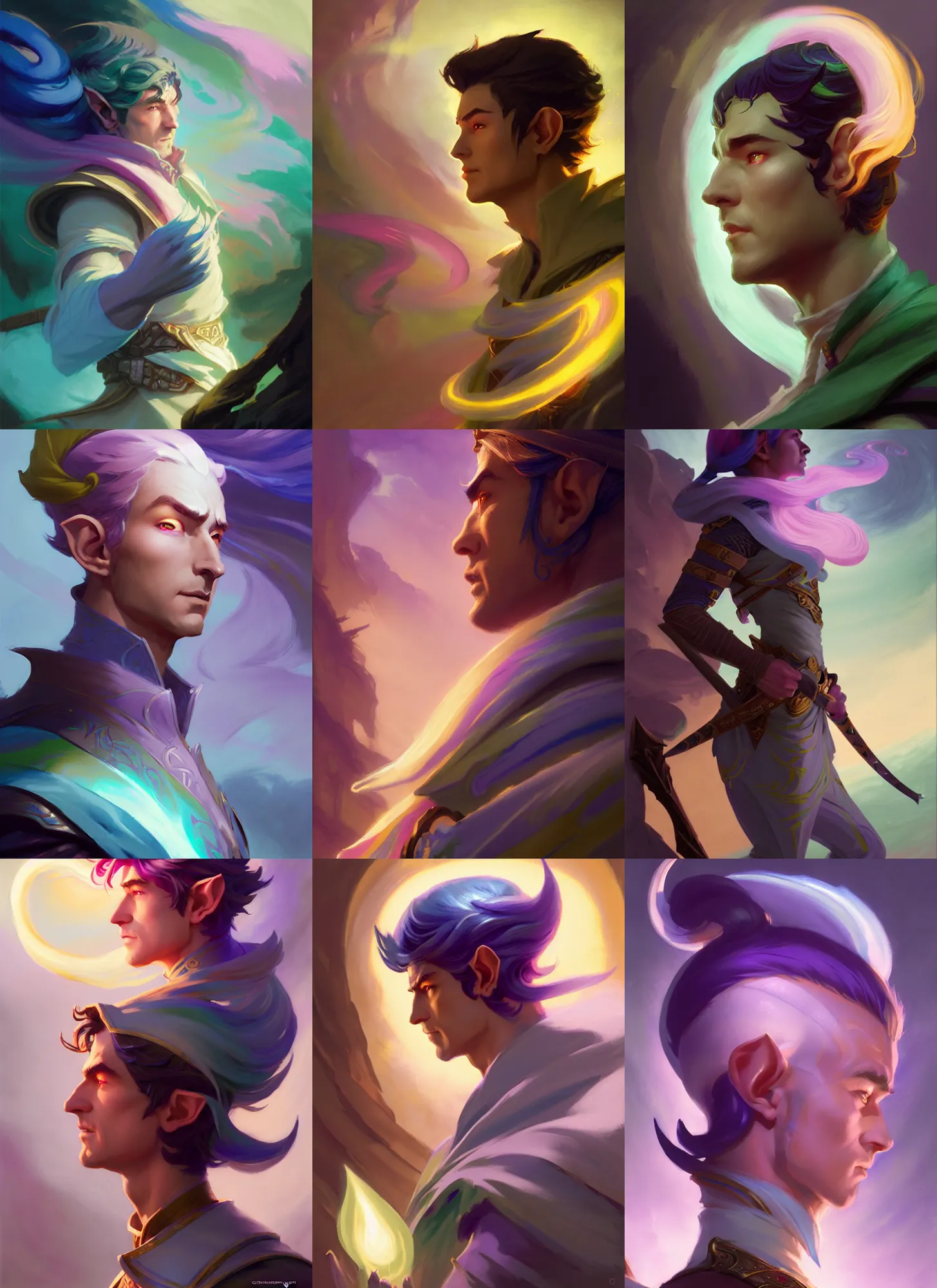 Prompt: side profile, male elf ranger, gloomhaven, luminescent, colorful swirly magic ripples, pastel colors, by greg manchess, huang guangjian, gil elvgren, sachin teng, greg rutkowski, jesper ejsing, ilya kuvshinov