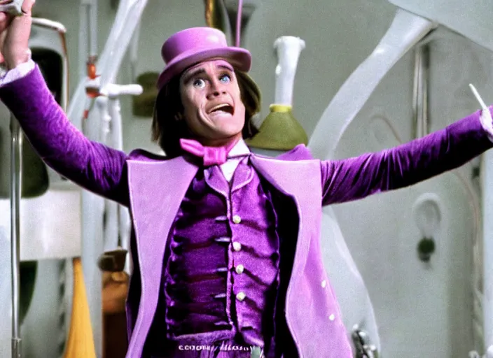 Image similar to film still of Jim Carrey as Willy Wonka in Willy Wonka and the Chocolate Factory 1971