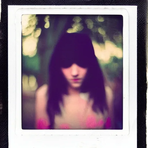 Image similar to a polaroid portrait of a beautiful grunge scene girl, bokeh, lit from behind, heavy film grain, color bleed