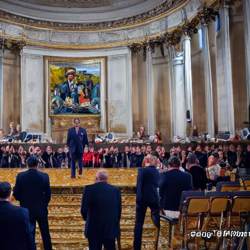 Prompt: François Hollande giving a concert, EOS 5D, ISO100, f/8, 1/125, 84mm, RAW Dual Pixel, Dolby Vision, HDR, professional