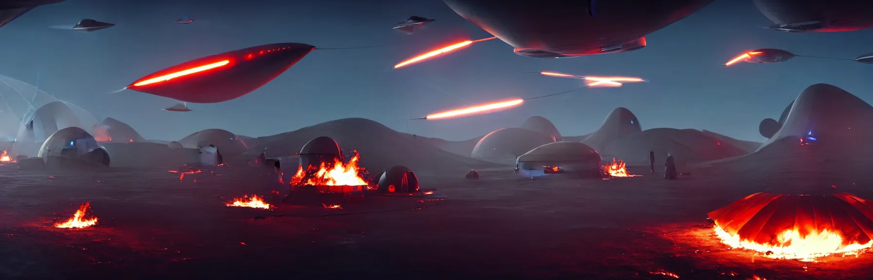 Image similar to sci - fi high tech tents are on fire. mighty futuristic zeppelins hover in the sky above you, cruise missile strikes, a little further away, a camp is bombarded from the air, intricate and epic concept art, highly detailed, 8 k, cinematic ; artstation, unreal engine 5