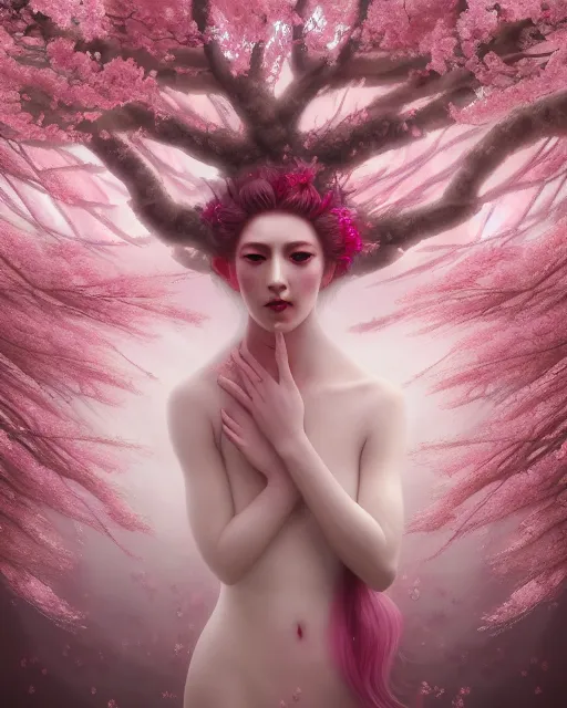 Image similar to Full View Portrait Mystical ethereal Cherry Tree deity made of Sakura blossoms wearing beautiful dress, Sakura Dryad made of Sakura beautiful dress with pink hair, 4k digital masterpiece by Tom Bagshaw and Alberto Seveso, in the style of Ruan Jia, fantasycore, Hyperdetailed, realistic oil on linen, soft lighting, Iconography background, featured on Artstation